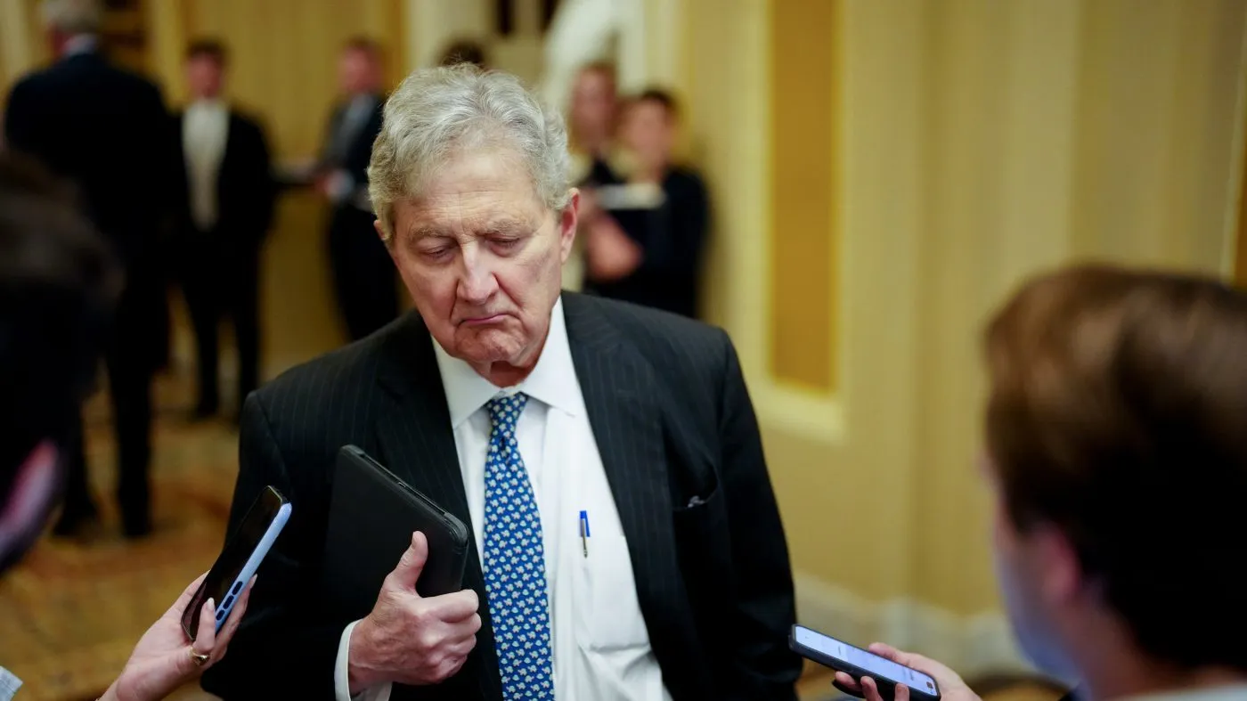 Sen. John Kennedy, a Republican from Louisiana, speaks to members of the media at the U.S. Capitol in Washington, D.C., on July 22, 2026.