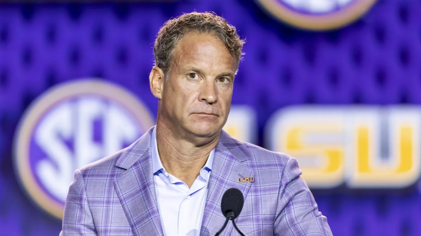 Head coach Lane Kiffin of the LSU Tigers speaks at SEC Football Kickoff Media Day at Tampa Marriott Water Street on July 23, 2026, in Tampa, Fla.