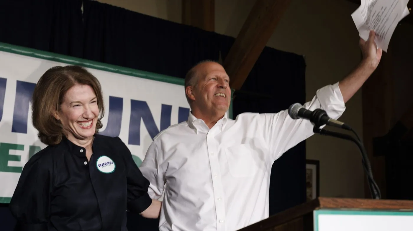 MANCHESTER, NEW HAMPSHIRE – SEPTEMBER 8: New Hampshire Republican Senate candidate John Sununu accompanied by his wife Kitty, waves to supporters at his primary election night watch party on September 8, 2026 in Manchester, New Hampshire. Sununu will face Rep. Chris Pappas (D-NH) in the November general election. (Photo by CJ Gunther/Getty Images)