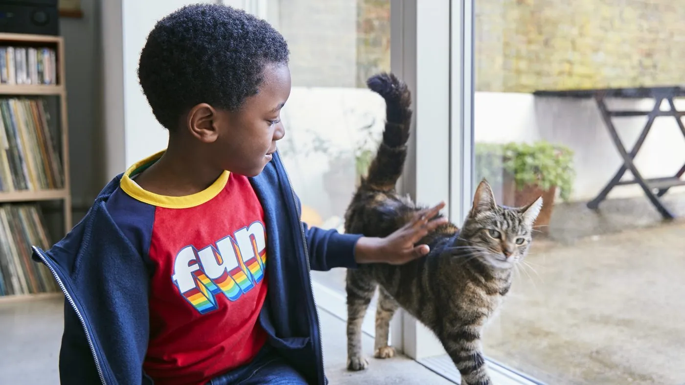 A young boy playing with his pet cat in the home