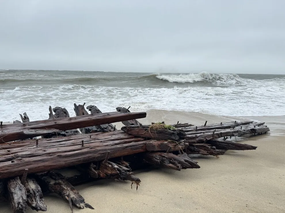 A nor’easter uncovered fragments from the Warren Sawyer, which ran aground in 1884. (Courtesy of Jason Graziadei)