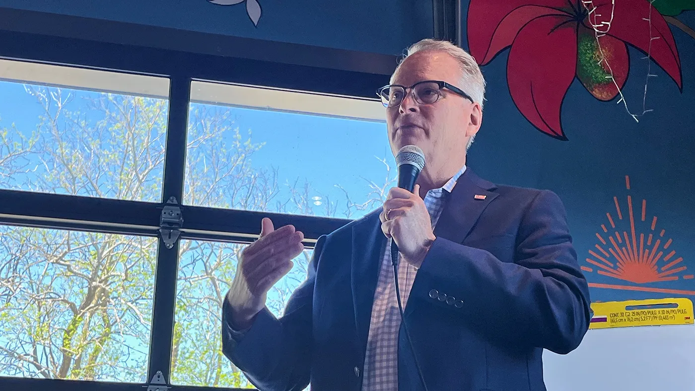 Adam Hamilton, a Methodist mega-church pastor from Kansas, talks to voters as he wraps up a U.S. Senate listening tour on April 18, 2026, at Limitless Brewing in Lenexa, Kansas.