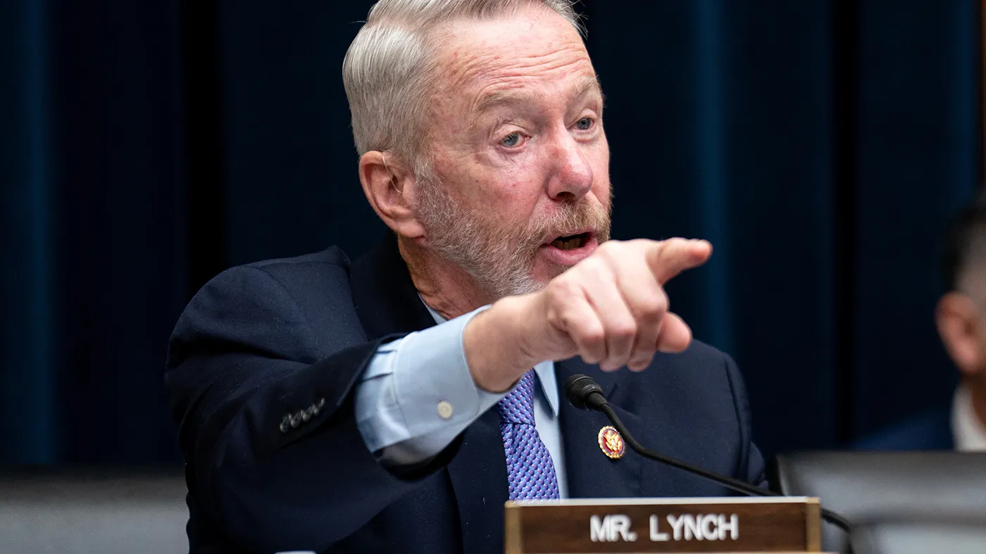 Rep. Stephen Lynch, D-Mass., questions Secretary of the Treasury Scott Bessent during a House Financial Services Committee hearing on Capitol Hill in Washington, Wednesday, Feb. 4, 2026. (AP Photo/Nathan Howard)