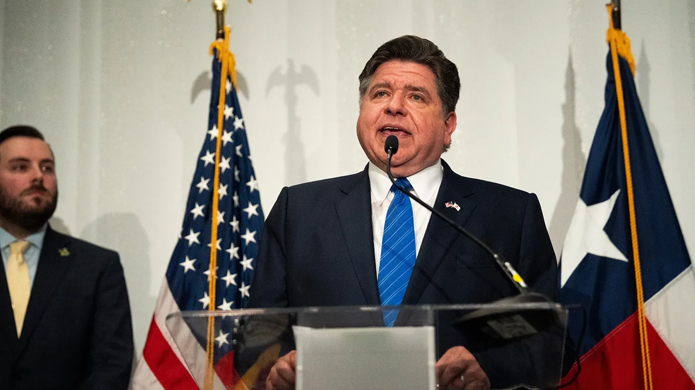 Illinois Gov. JB Pritzker (D) speaks at a Texas Democratic Party press conference ahead of the Republican National Convention on Sept. 9, 2026, in Dallas.