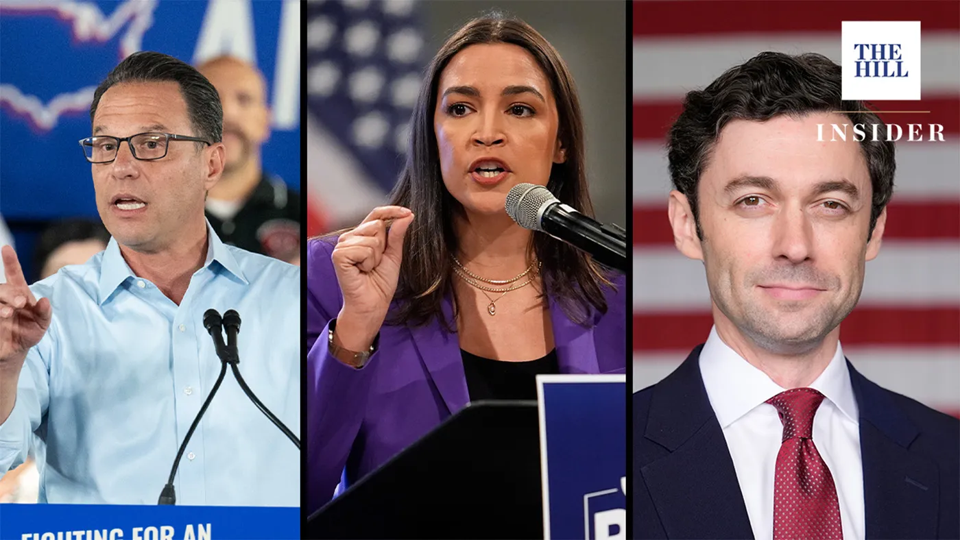 Pennsylvania Gov. Josh Shapiro (D), Rep. Alexandria Ocasio Cortez (D-N.Y.) and Sen. Jon Ossoff (D-Ga.). (AP Photo/Erin Blewett/George Walker IV/Brynn Anderson)