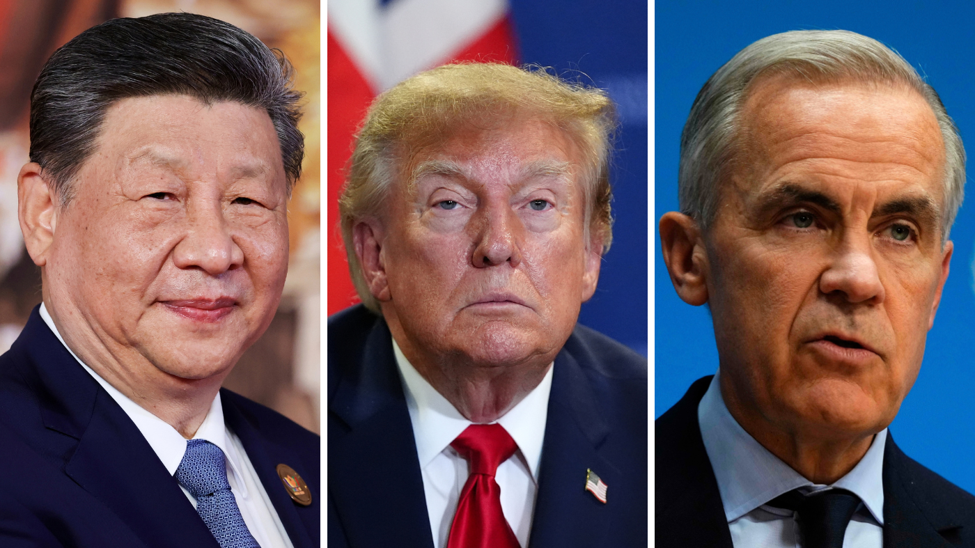 Chinese President Xi Jinping, President Donald Trump and Canadian Prime Minister Mark Carney three image photo split
