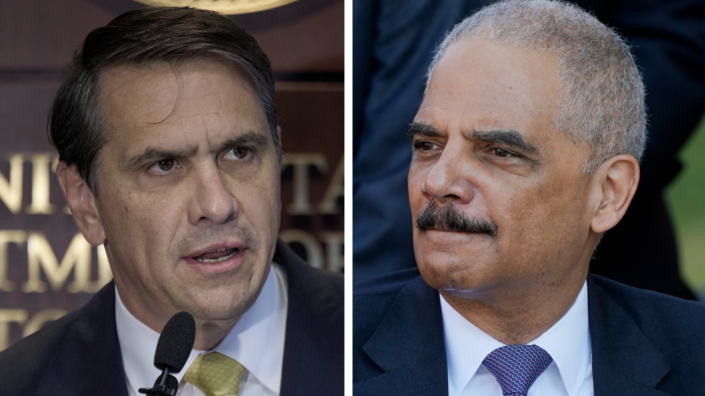 U.S. Attorney General Todd Blanche, left, and Obama-era Attorney General Eric Holder.