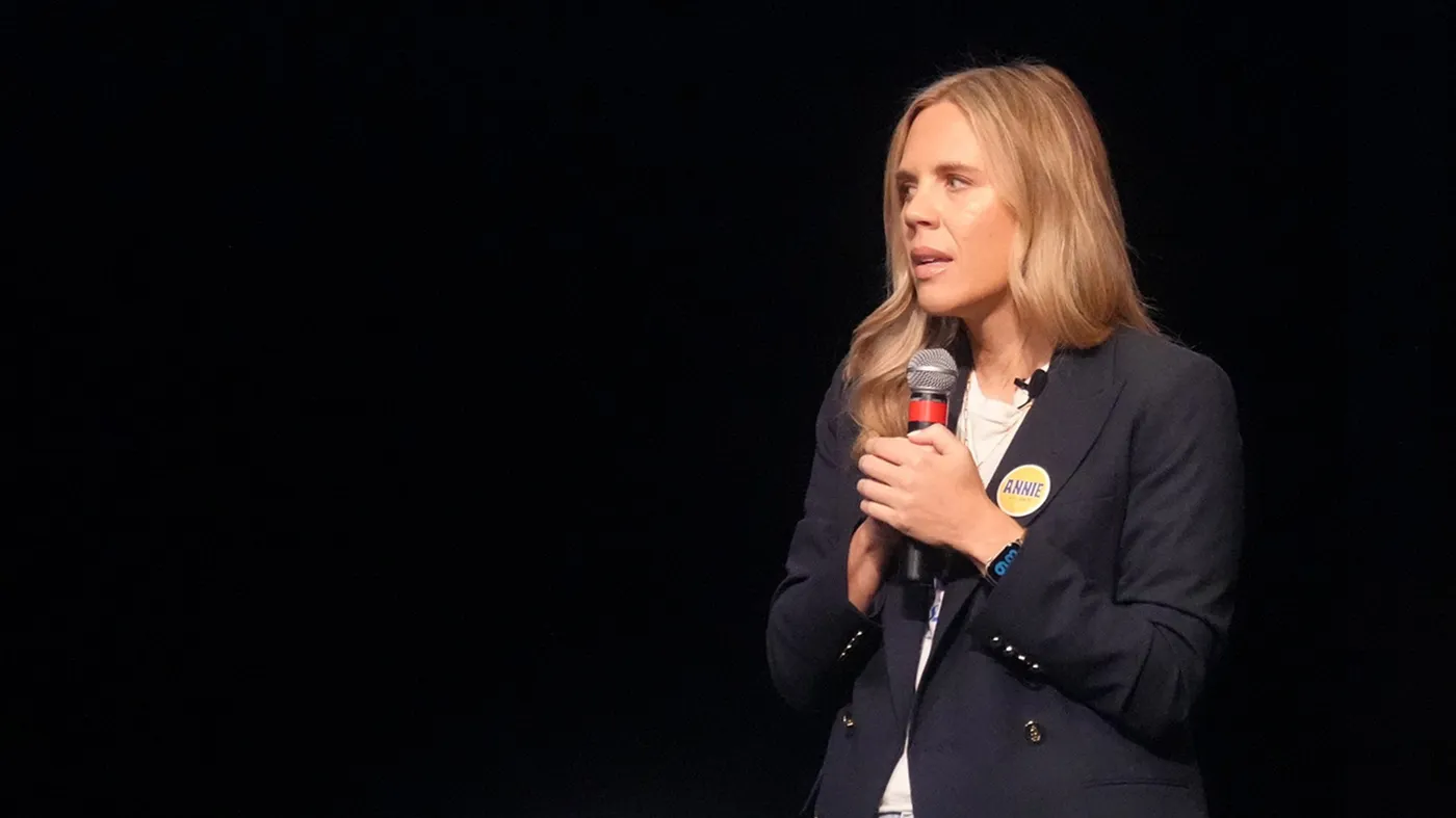 South Carolina Democratic U.S. Senate nominee Annie Andrews speaks to attendees at the Spratt Issues Conference, hosted by the South Carolina Democratic Party, Aug. 22, 2026, in Florence, S.C. (Meg Kinnard, Associated Press)