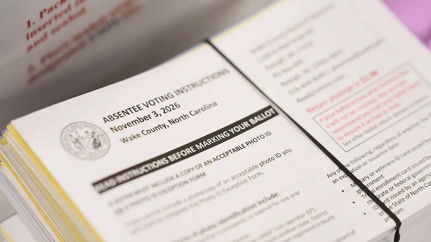 Absentee voting instructions for mail-in ballots are seen at the Wake County Board of Elections on Sept. 3, 2026, in Raleigh, N.C. (Matt Ramey, Associated Press)