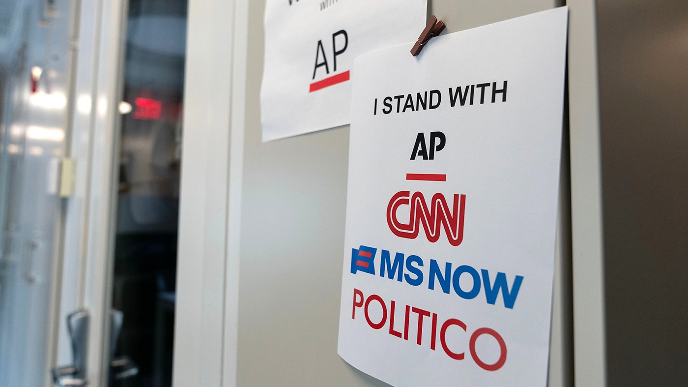 A sign in support of news outlets is seen at the White House press room, Sept. 19, 2026, in Washington. (Jose Luis Magana, Associated Press)