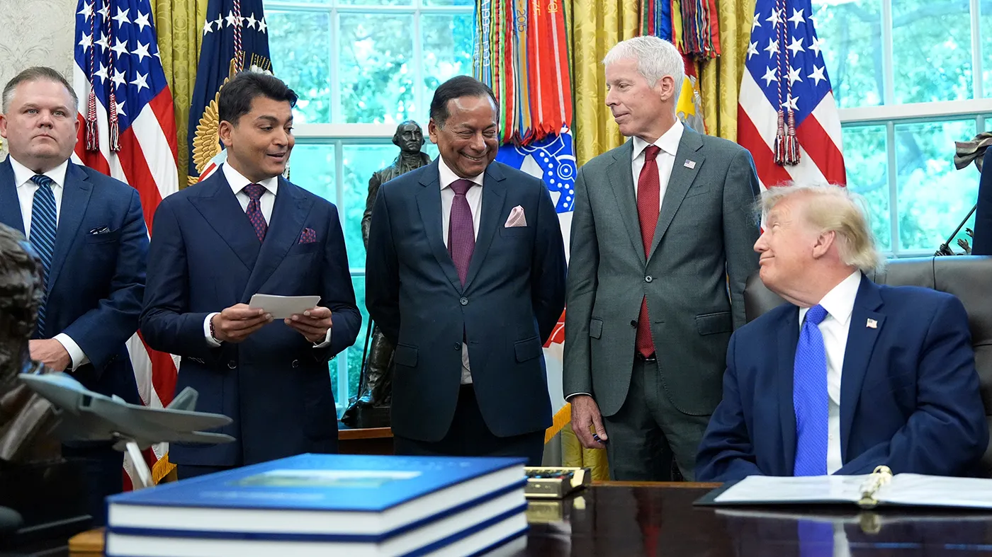 Mesabi Metallics Chairman Rewant Ruia speaks as President Donald Trump, from right, Energy Secretary Chris Wright, Essar Capital Director Prashant Ruia and Mesabi Metallics CEO Joe Broking listen in the Oval Office of the White House, Monday, Sept. 28, 2026, in Washington. (AP Photo/Alex Brandon)