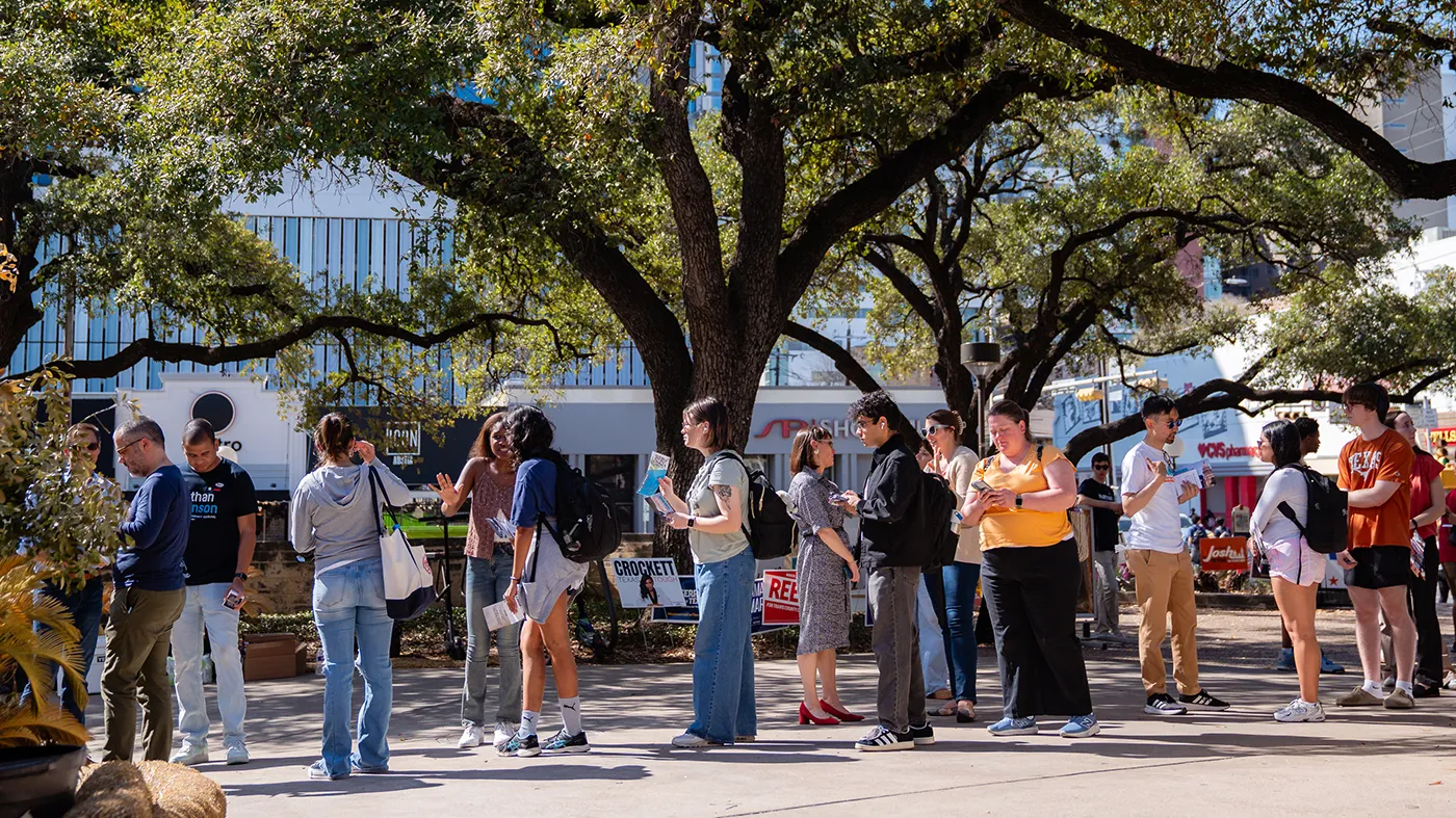 University of Texas students and community members line up to vote in the Texas Primary Election in the Union Building on campus, March 3, 2026.