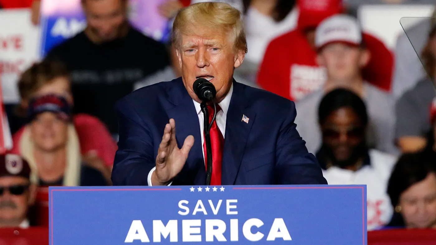 FILE – Former President Donald Trump speaks at a campaign rally in Youngstown, Ohio., Sept. 17, 2022. Trump is finally opening his checkbook and reserving millions of dollars in airtime for ads to bolster his endorsed candidates in key midterm races just one month before Election Day. Trump’s newly-formed MAGA Inc. Super PAC has so far placed reservations in Pennsylvania, Ohio and Arizona, according to the ad tracking firm AdImpact. (AP Photo/Tom E. Puskar, File)