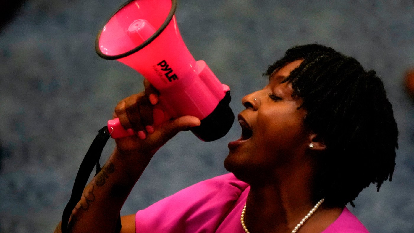 State Rep. Angie Nixon, D-Fla., speaks loudly on the House floor as the House voted on HB1D, a redistricting bill, during a special session of the Florida Legislature, Wednesday, April 29, 2026, in Tallahassee, Fla. (AP Photo/Mike Stewart)