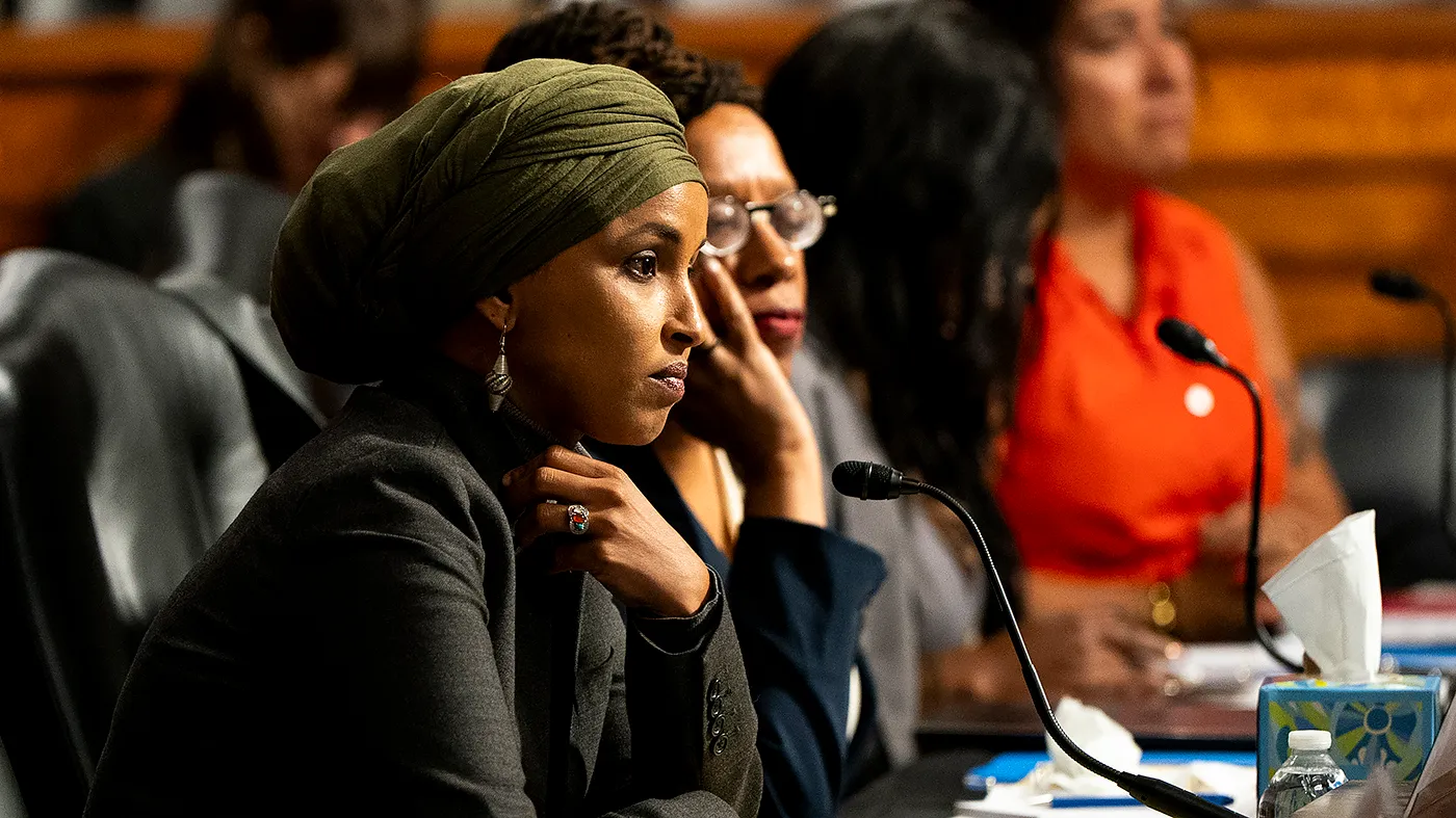 Rep. Ilhan Omar (D-Minn.) is seen during a Democratic spotlight forum entitled “Our Values at Stake: Deaths, Deception, and a Failure of Accountability at DHS” on Sept. 22, 2026.