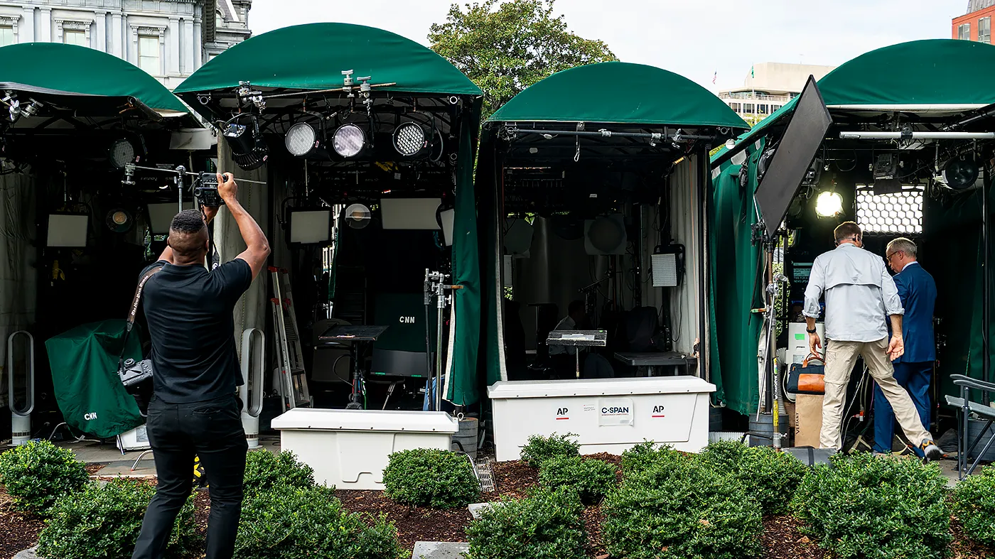 An empty setup for CNN is seen at the White House in Washington, D.C., on Sept. 21, 2026. President Trump banned CNN, MS NOW and Politico on Sept. 18 for “fake news.”