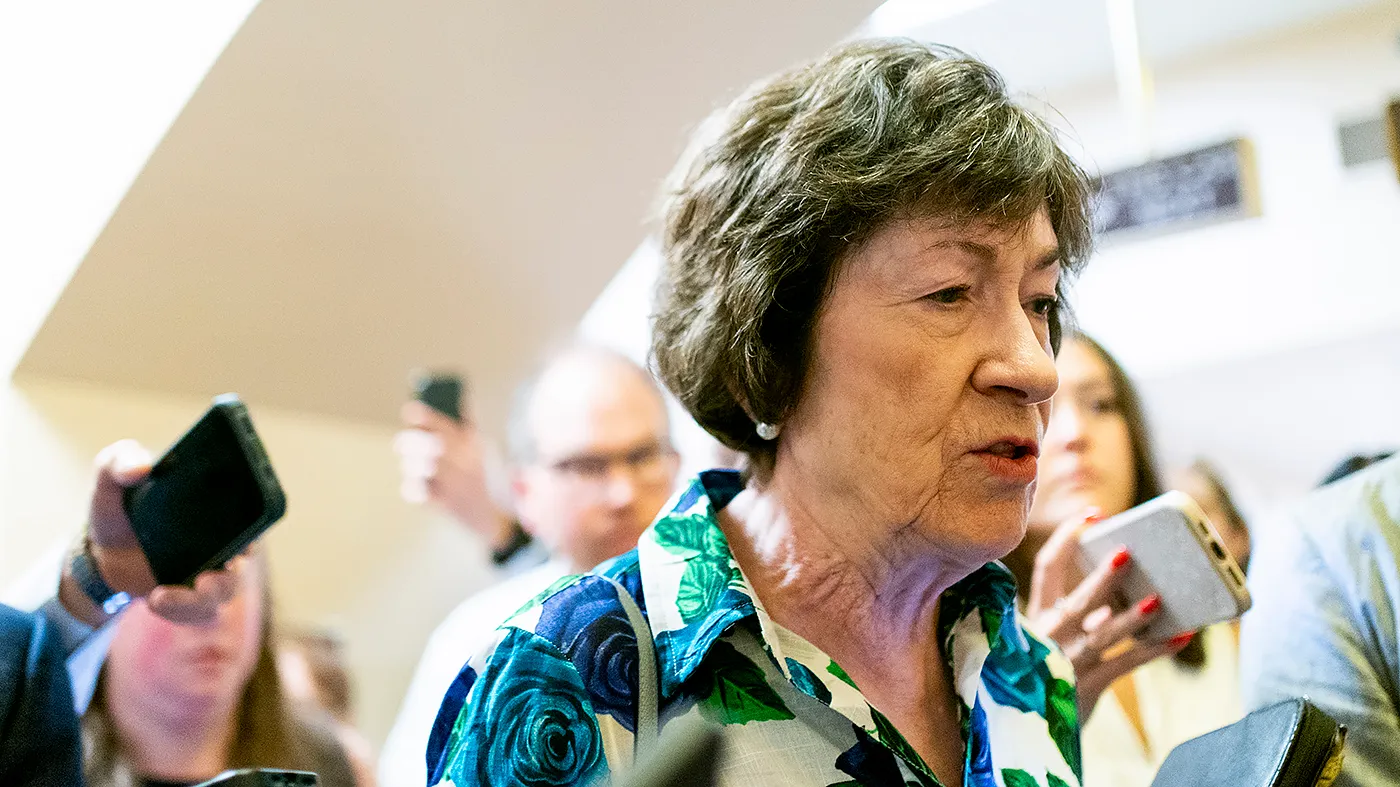 Sen. Susan Collins (R-Maine) speaks to reporters as she arrives to the Capitol for a series of votes regarding nominations on July 22, 2026.