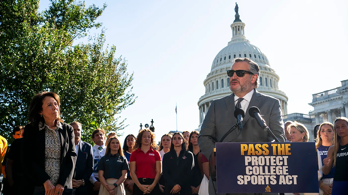 Sen. Ted Cruz (R-Texas) addresses reporters during a press conference on Monday, September 14, 2026 to discuss the Protect College Sports Act.