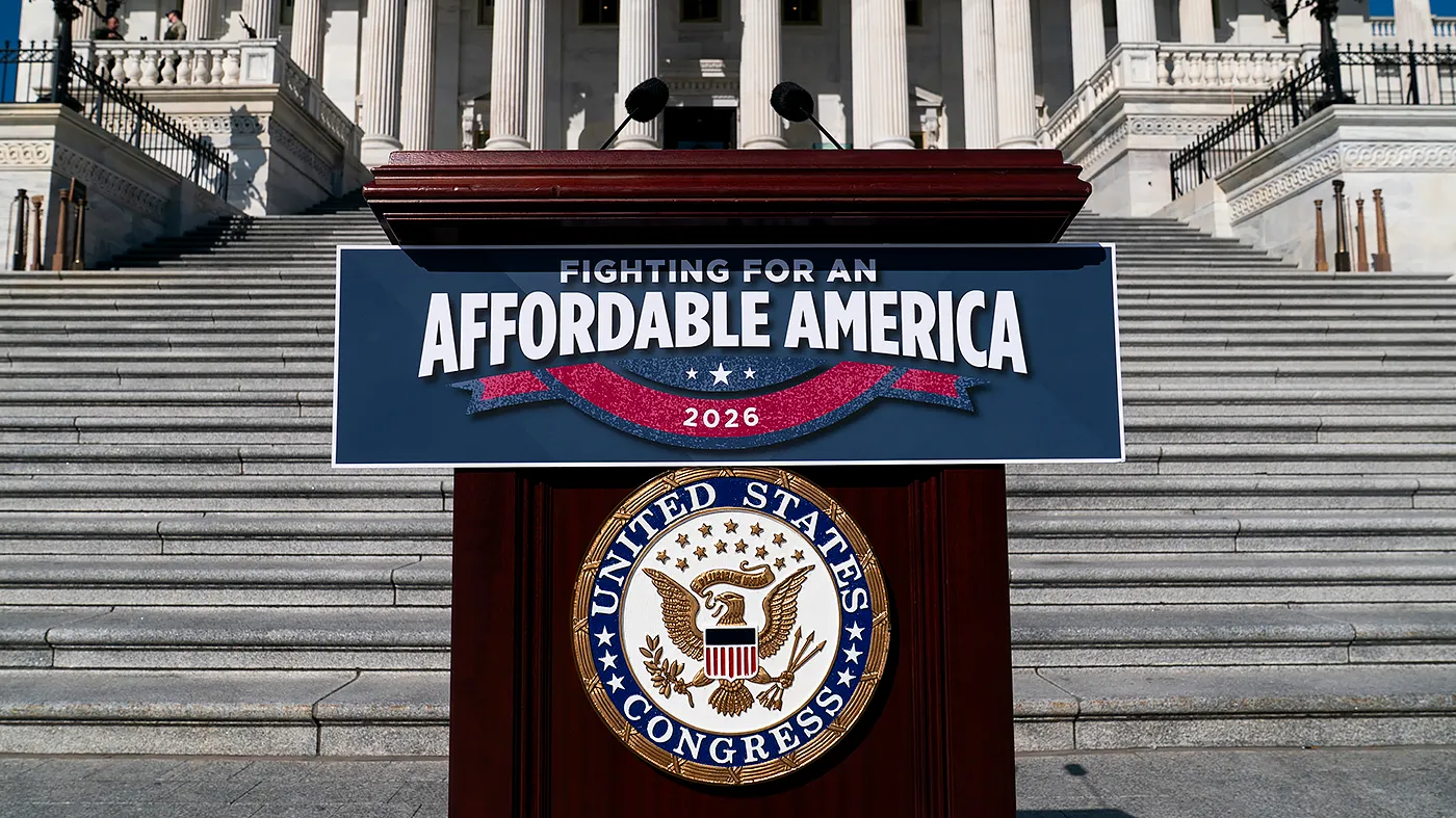A sign is seen before a House Democrats press event outside the U.S. Capitol in Washington, D.C., to discuss affordability on Wednesday, September 16, 2026.