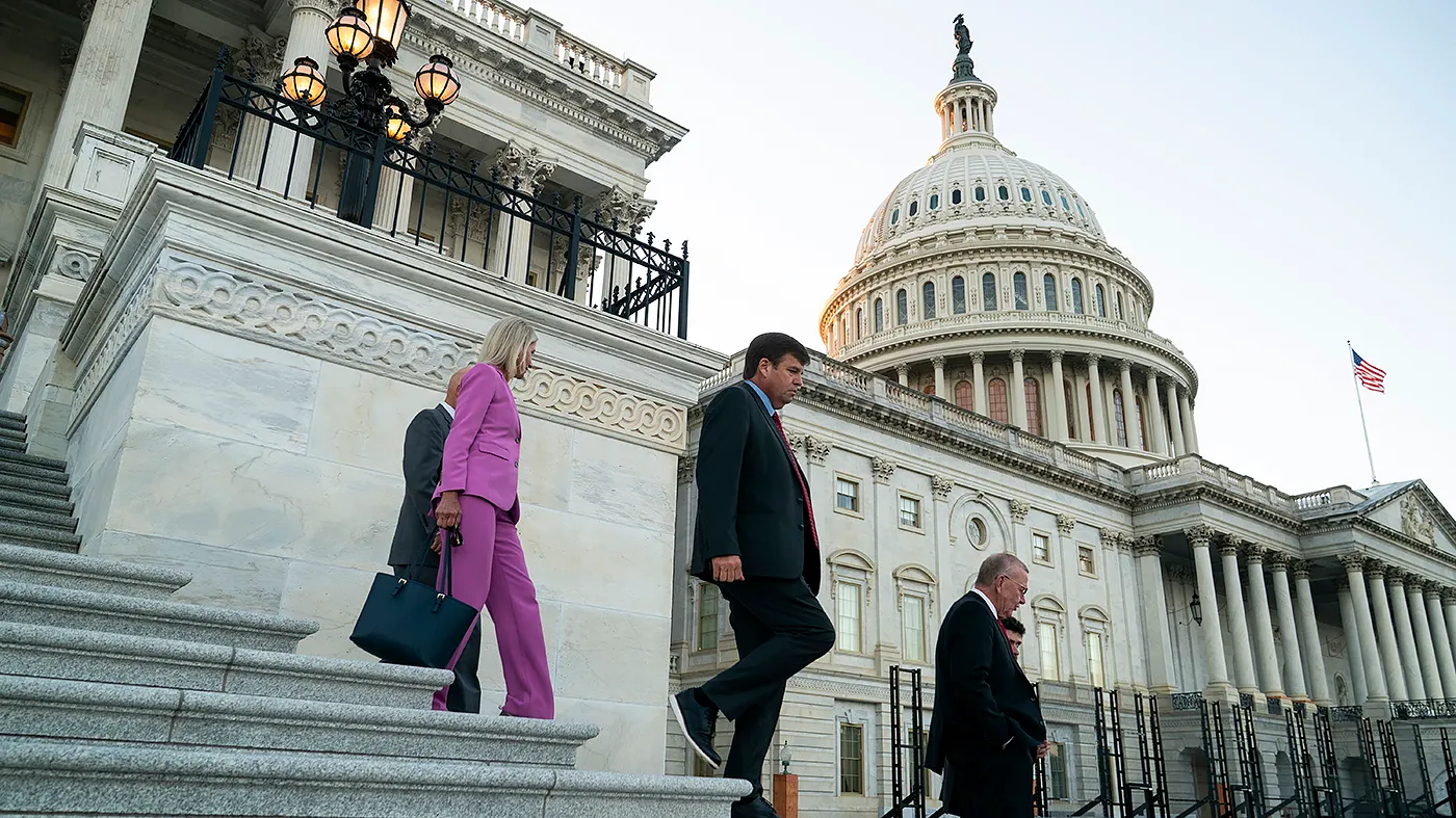 Members leave the House Chamber at the U.S. Capitol in Washington, D.C., following the last votes of the week on Sept. 16, 2026. The House will return following the midterm elections in November.
