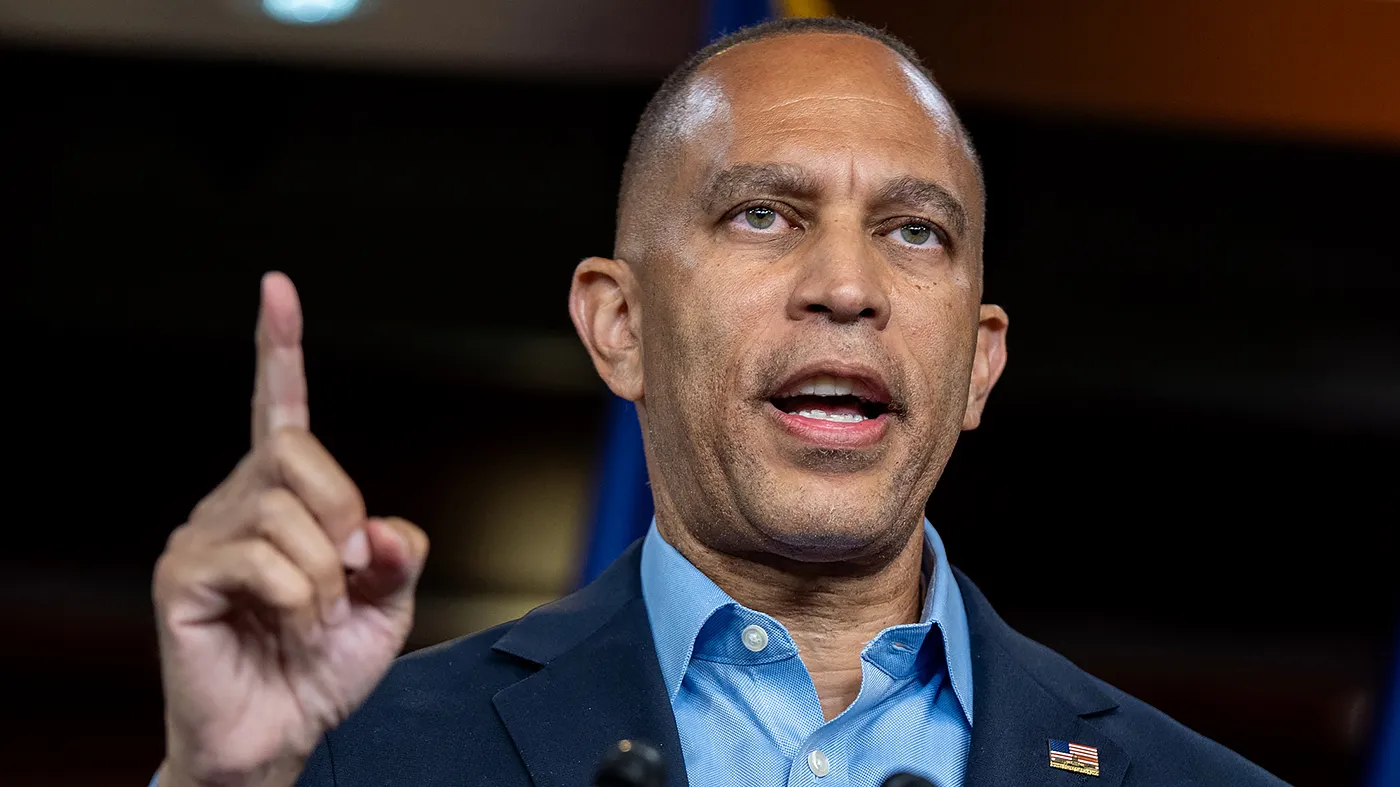 Minority Leader Hakeem Jeffries (D-N.Y.) addresses with reporters during a press conference at the U.S. Capitol in Washington, D.C., on Monday, August 31, 2026.
