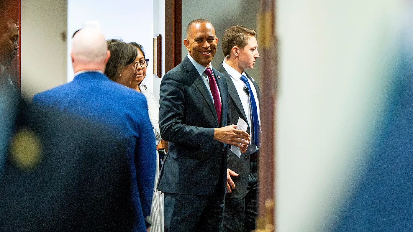 Minority Leader Hakeem Jeffries (D-N.Y.) arrives for a closed-door Democratic caucus meeting on Sept. 1, 2026.
