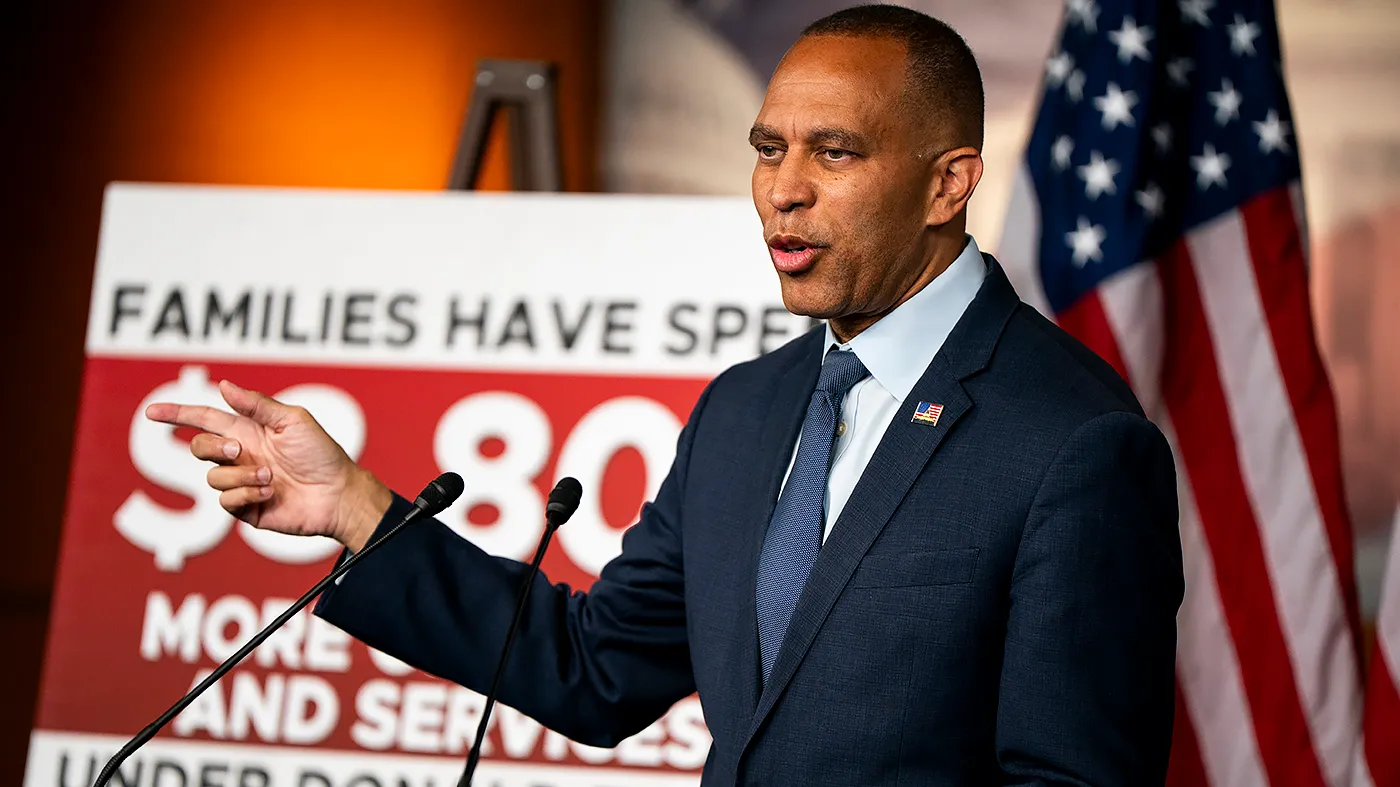 Minority Leader Hakeem Jeffries (D-N.Y.) addresses reporters during his weekly press conference on Thursday, September 3, 2026
