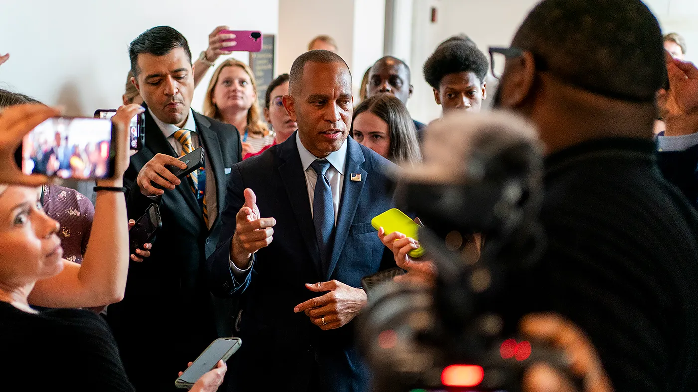 Minority Leader Hakeem Jeffries (D-N.Y.) speaks with reporters following his weekly press conference on Sept. 3, 2026