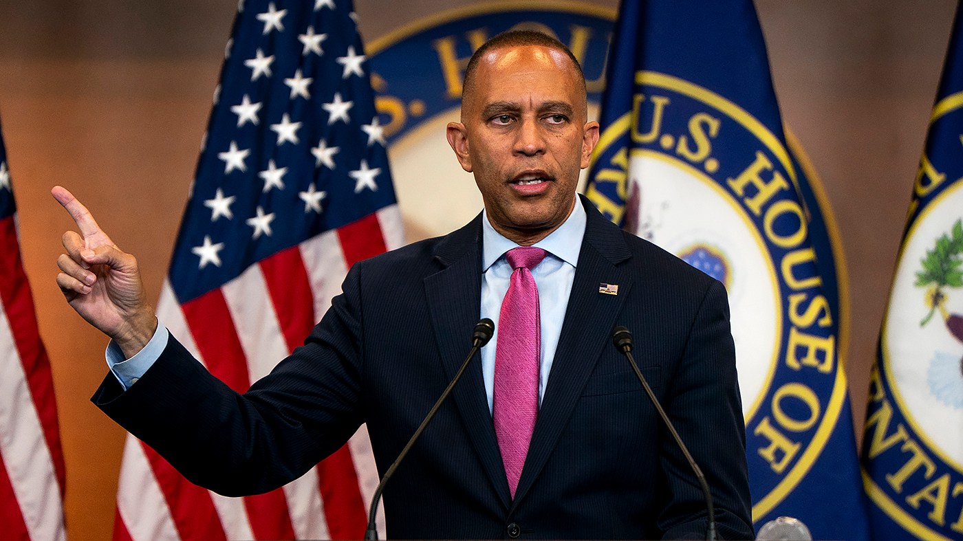 Minority Leader Hakeem Jeffries (D-N.Y.) addresses reporters during a press conference on Monday, September 14, 2026, as the House returns for its’ final week before the mid-term election.