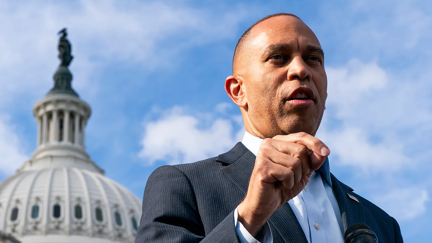 House Minority Leader Hakeem Jeffries (D-N.Y.) addresses reporters outside the U.S. Capitol in Washington, D.C., on Sept. 30, 2026.