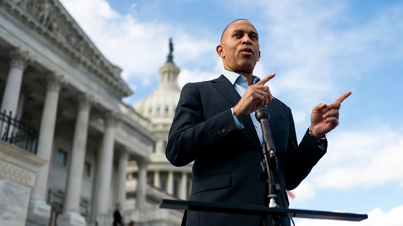 Minority Leader Hakeem Jeffries (D-N.Y.) addresses reporters outside the U.S. Capitol in Washington, D.C., on Wednesday, September 30, 2026.