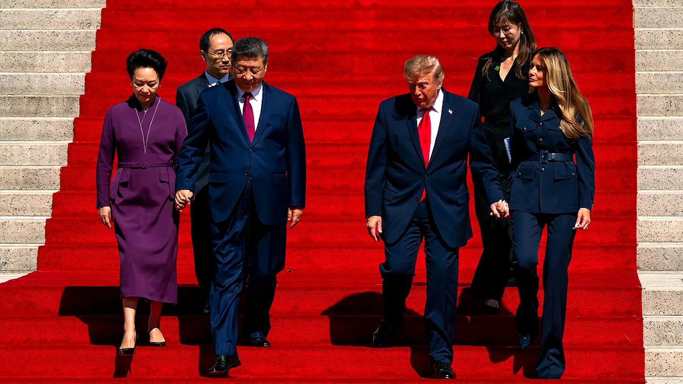 Peng Liyuan, Chinese President Xi Jinping, President Trump and first lady Melania Trump leave the National Archives in Washington, D.C., on Sept. 25, 2026, to view documents as a part of Xi’s state visit.