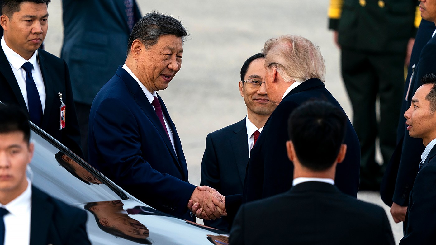Chinese President Xi Jinping shakes hands with President Trump following an arrival ceremony for Xi at Joint Base Andrews in Suitland, Md., on Sept. 23, 2026, as a part of his state visit.