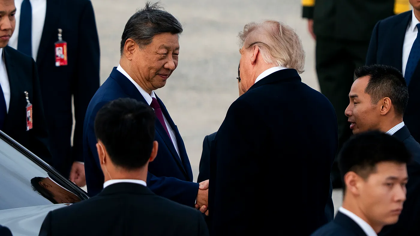 Chinese President Xi Jinping shakes hands with President Trump following an arrival ceremony for Jinping at Joint Base Andrews in Suitland, Md., on Wednesday, September 23, 2026, as a part of his state visit.