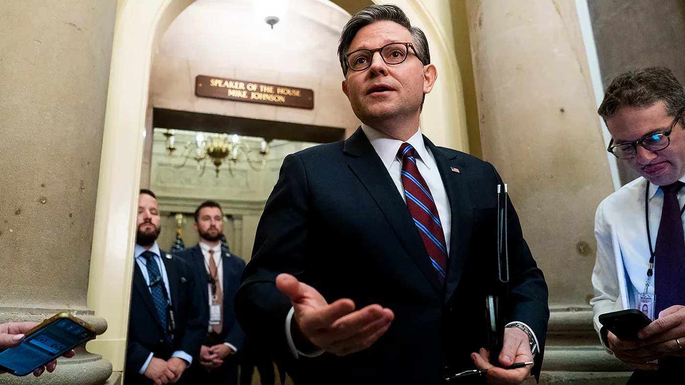 Speaker Mike Johnson (R-La.) addresses reporters outside his office on Sept. 16, 2026, regarding a schedule change of canceling votes.