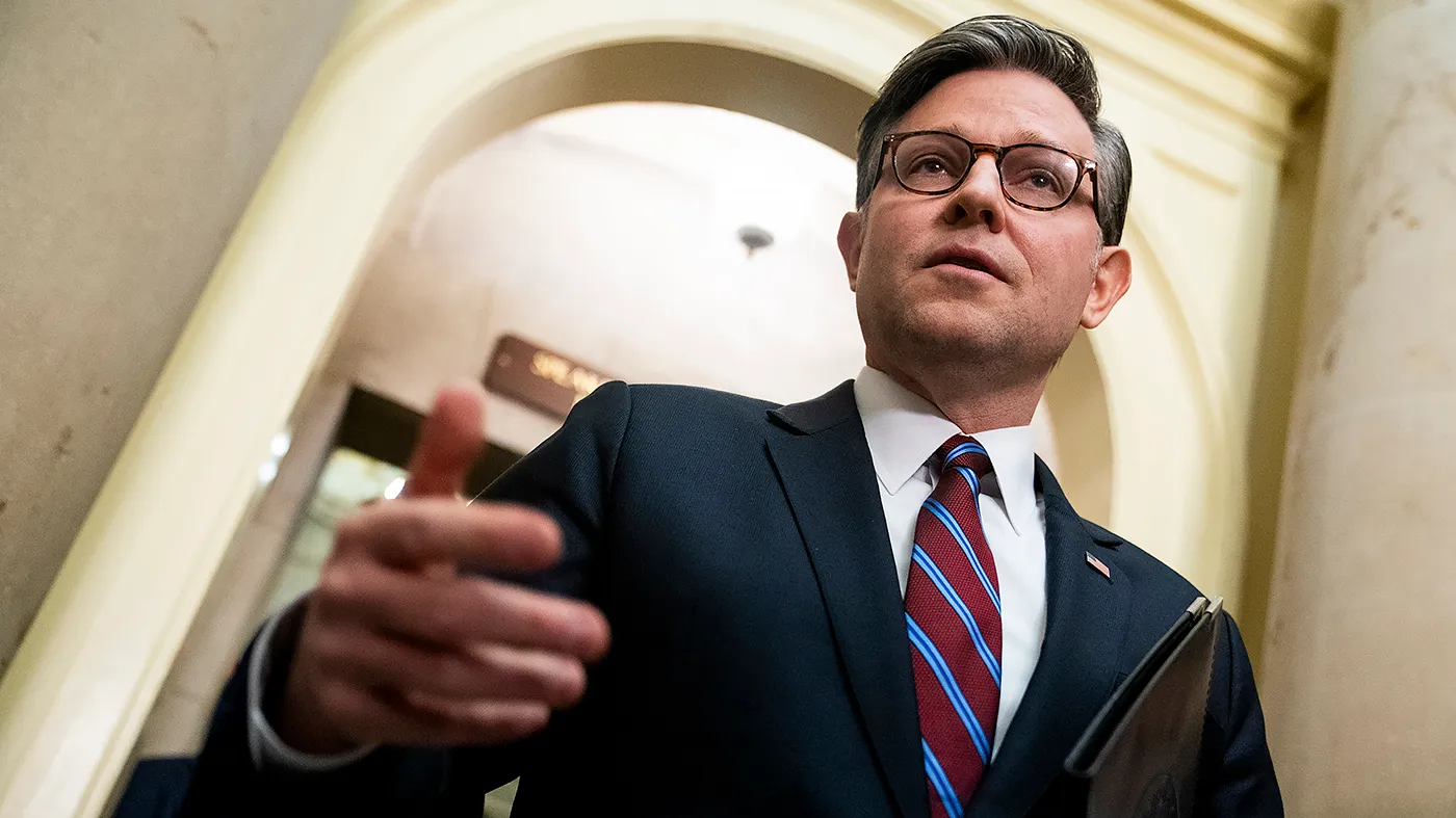 Speaker Mike Johnson (R-La.) addresses reporters outside his office on Wednesday, September 16, 2026, regarding a schedule change of canceling votes on Thursday. Once they leave, the House will next meet following the midterm elections in November.