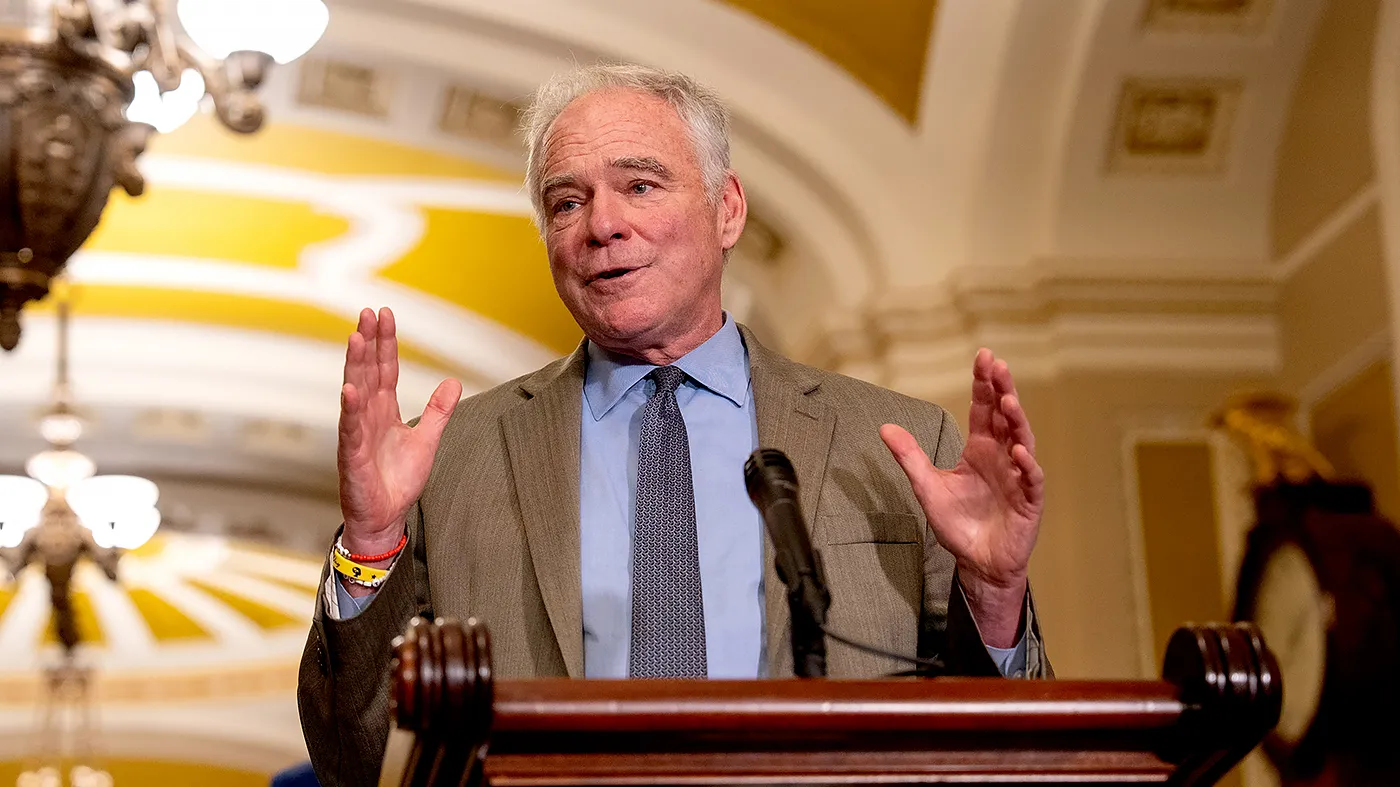 Sen. Tim Kaine (D-Va.) addresses reporters following the weekly policy luncheon on Wednesday, July 15, 2026.