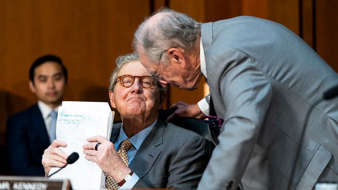 Sen. John Kennedy (R-La.) listens to Senate Judiciary Committee Chairman Chuck Grassley (R-Iowa) before an oversight hearing of the Federal Buearu of Investigations with Director Kash Patel on Tuesday, September 15, 2026.