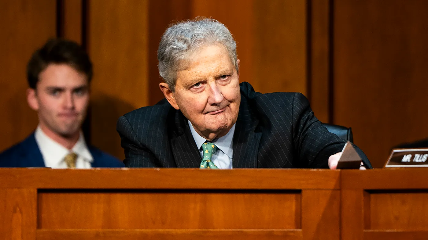 Sen. John Kennedy (R-La.) uses his name placard as a temporary gavel as Sen. Cory Booker (D-N.J.) finishes up speaking during a Senate Judiciary Committee hearing to discuss investigations by former special counsel Jack Smith into President Trump, Arctic Frost and allegedly targeting Republicans on Tuesday, September 29, 2026.