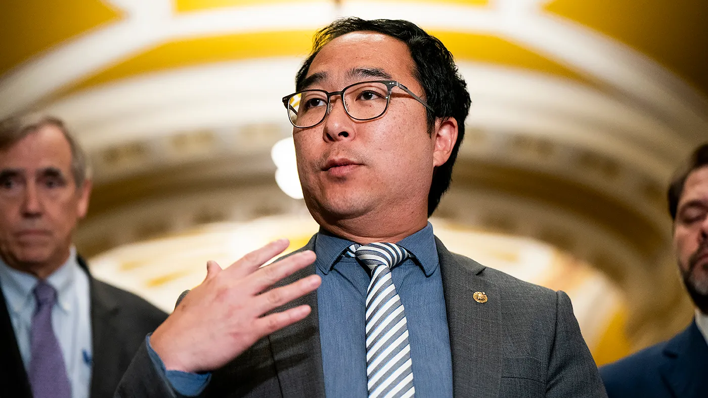 Sen. Andy Kim (D-N.J.) addresses reporters outside the Senate Chamber on July 22, 2026, to discuss Senate Democrats’ efforts to prevent President Trump from subverting the midterm elections in the fall.