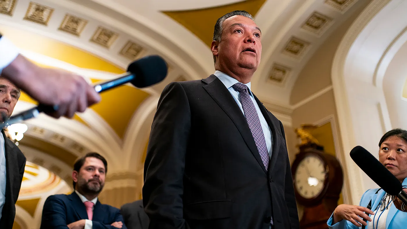 Sen. Alex Padilla (D-Calif.) addresses reporters outside the Senate Chamber on July 22, 2026, to discuss Senate Democrats’ efforts to prevent President Trump from subverting the midterm elections in the fall.