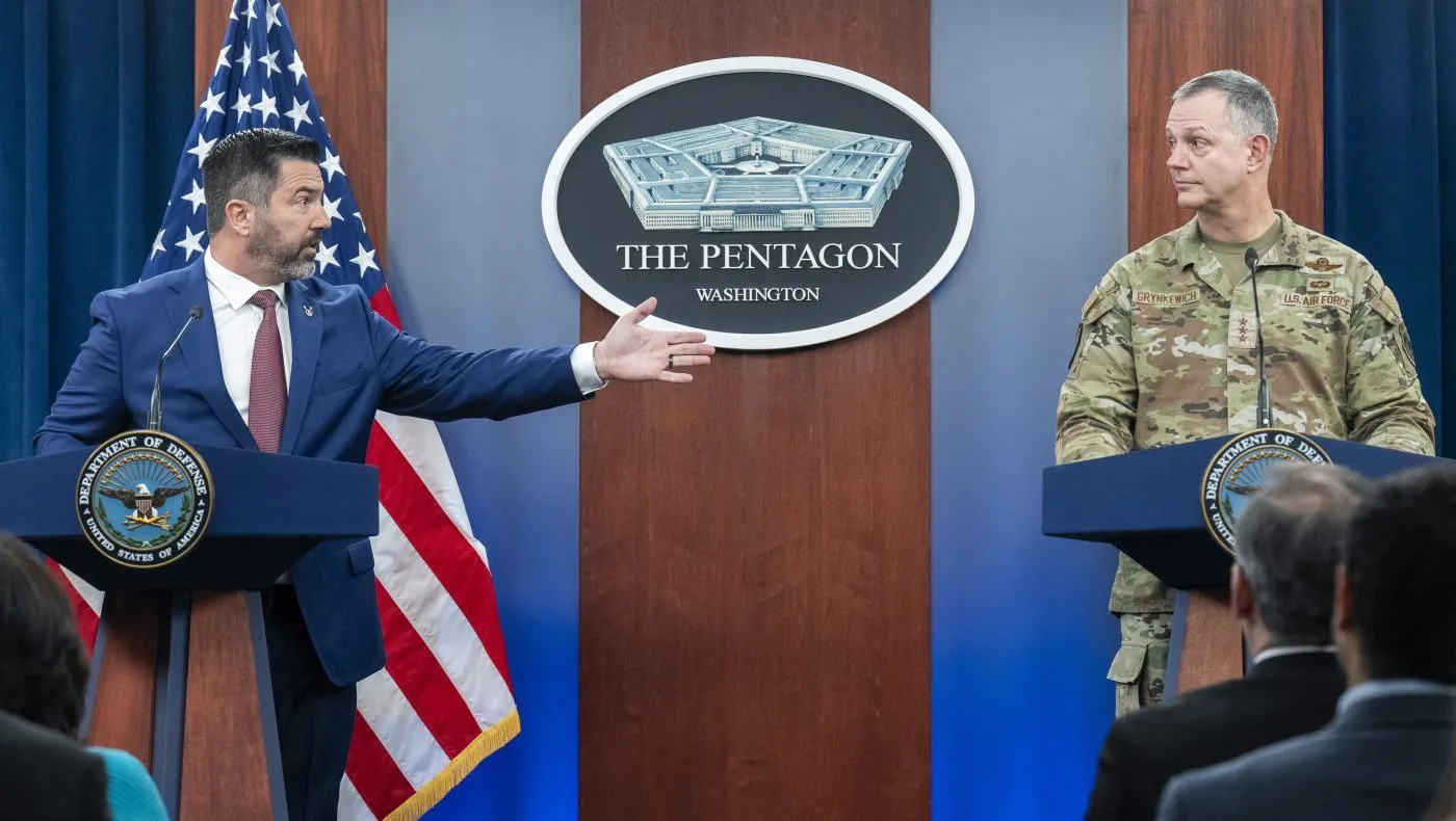 Pentagon press secretary Sean Parnell, left, gestures toward Joint Staff Director for Operations Lt. Gen. Alex Grynkewich, as they speak to the media in the Pentagon Press Briefing Room, Monday, March 17, 2025, at the Pentagon in Washington. (AP Photo/Jacquelyn Martin)