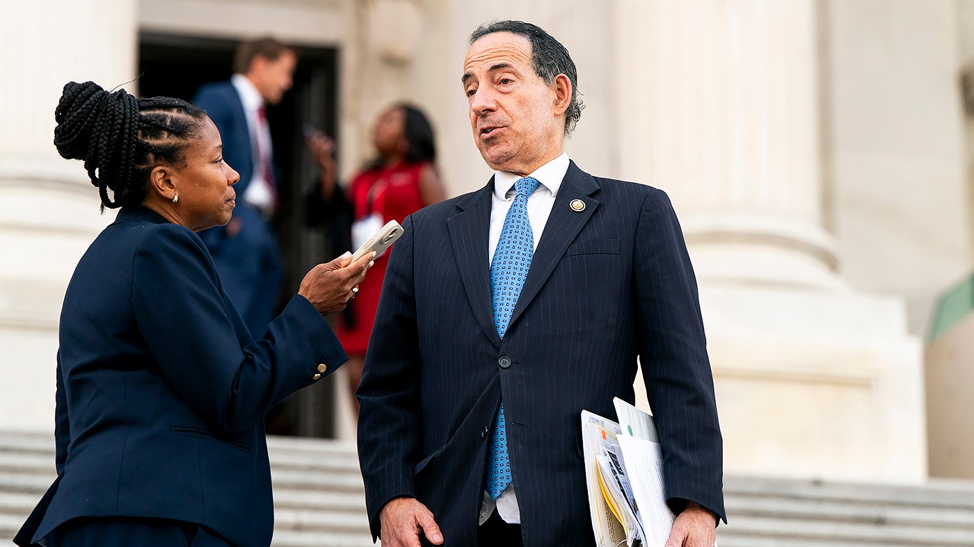 Rep. Jamie Raskin (D-Md.) speaks to a reporter as he leaves the House Chamber at the U.S. Capitol in Washington, D.C., following the last votes of the week on Wednesday, September 16, 2026. The House will return following the midterm election in November.