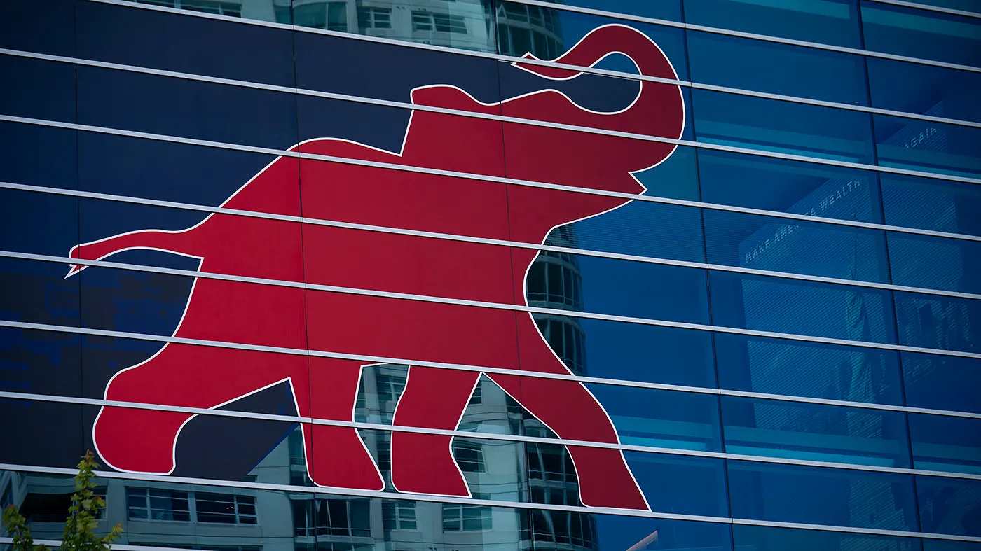 Signage for the Republican National Convention is seen outside the Fiserv Forum in Milwaukee, Wis., on July 14, 2024.