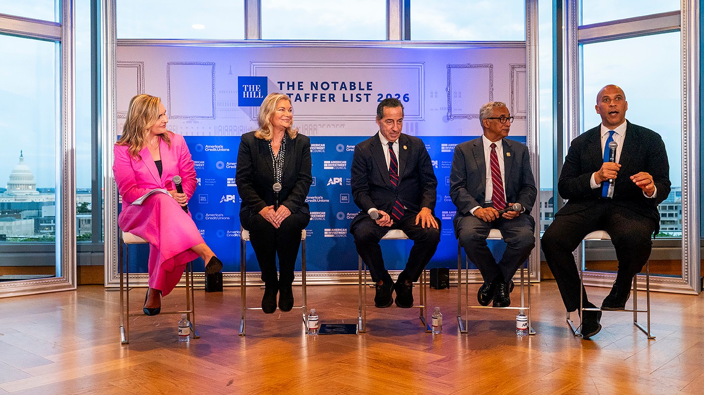 The Hill’s White House Reporter Julia Manchester moderates a panel discussion with Sen. Cynthia Lummis (R-Wyo.), Reps. Jamie Raskin (D-Md.) Bobby Scott (D-Va.) and Sen. Corey Booker (D-N.J.) during an event to celebrate The Hill’s Notable Staffer List 2026 at the Penthouse at Capitol Crossing in Washington, D.C., on Thursday, September 17, 2026.