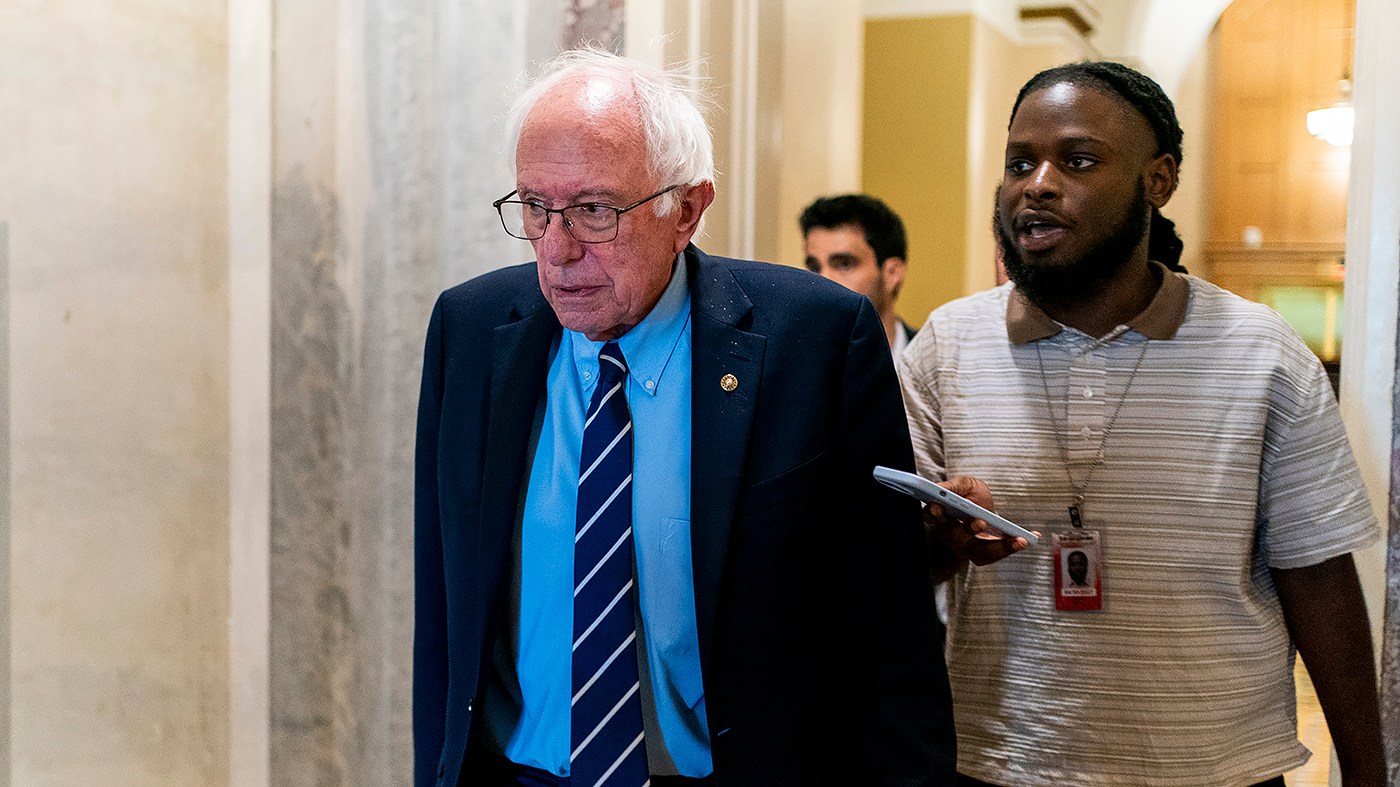 Sen. Bernie Sanders (I-Vt.) speaks to a reporter as he leaves the U.S. Capitol in Washington, D.C., following the first vote of the week on Monday, July 13, 2026. This is the first day in since the sudden death of Sen. Lindsey Graham (R-S.C.) who died on July 10 at the age of 71.