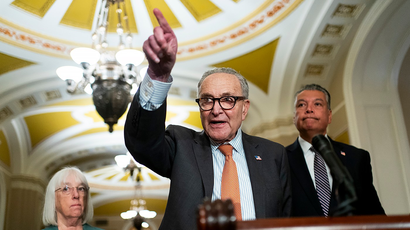 Minority Leader Charles Schumer (D-N.Y.) points to a reporter for a question during a press conference following the weekly policy luncheon on Tuesday, September 29, 2026.