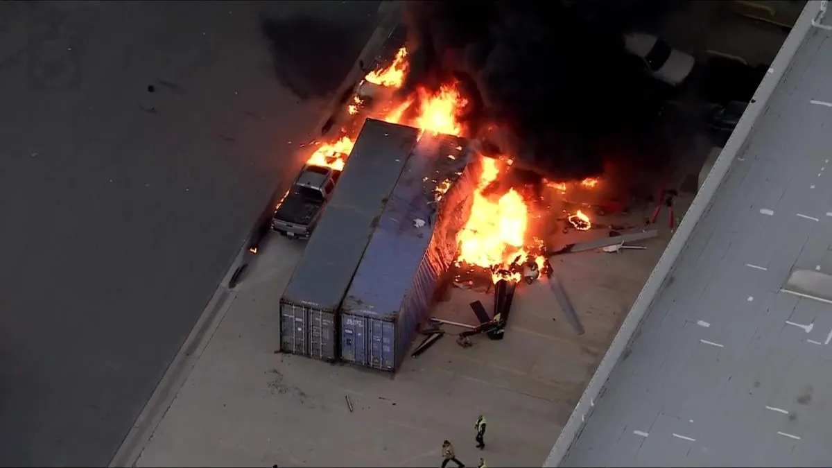 Fire and emergency crews responded to a helicopter crash in the San Fernando Valley on Sept. 15, 2026. (KTLA)