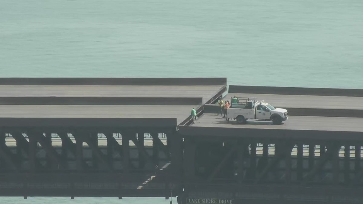 The the Lake Shore Drive Bridge in downtown Chicago stretches over the Chicago River. High temperatures caused the bridge to get stuck in the up position on Thursday, Sept. 2, 2026. (WGN)
