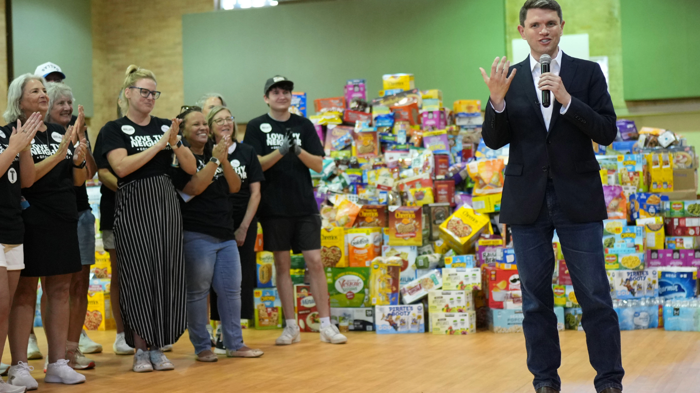 Democratic U.S. Senate candidate Texas state Rep. James Talarico speaks at a food drive at the Frederick Douglass Human Services and Justice Center, Wednesday, Sept. 9, 2026, in Dallas. (AP Photo/Julia Demaree Nikhinson)